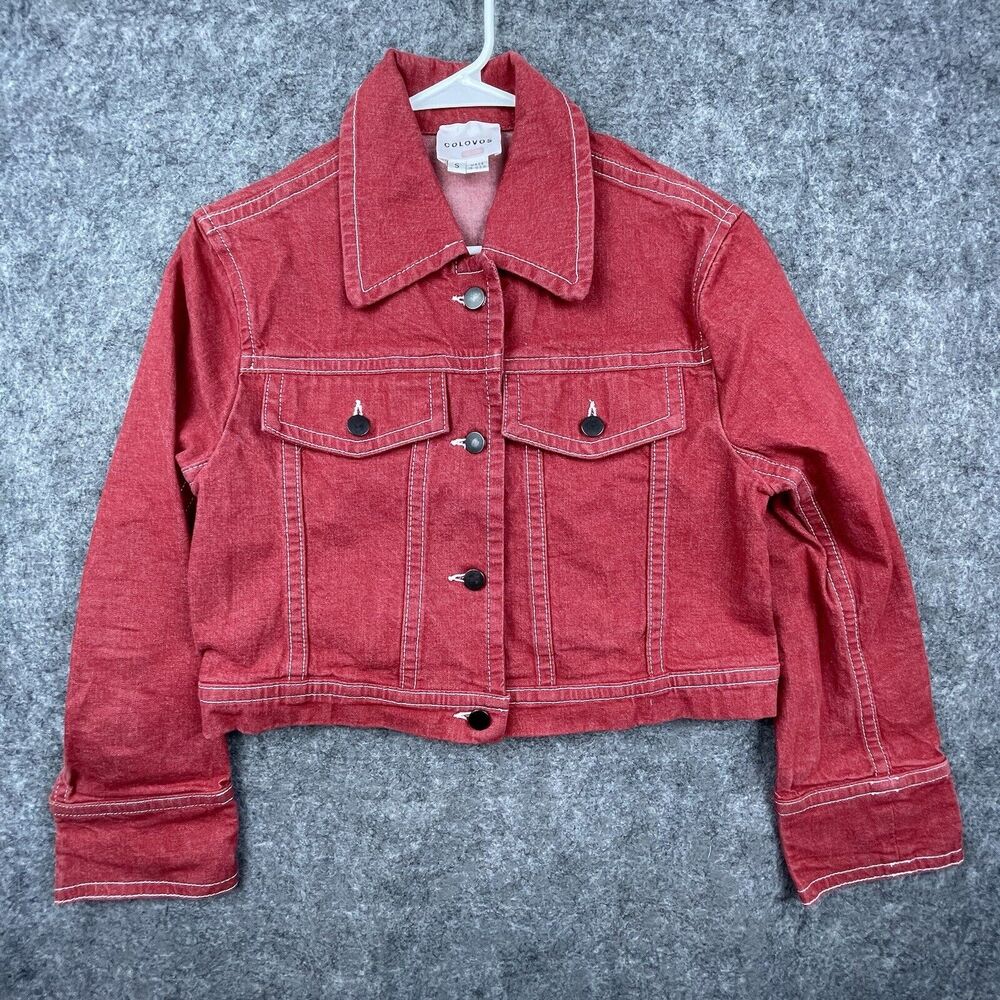 Colovos Denim‎ Jacket Womens Small Red Jean Cropped Boxy Rent the Runway Trucker